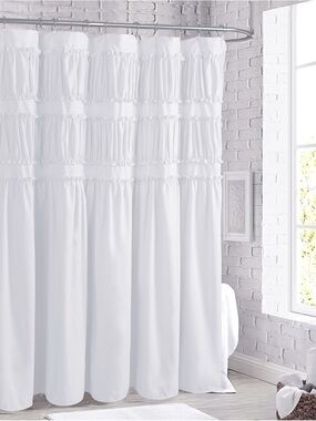 Winston Porter White Ruffled Shower Curtain - Layered Fabric Design